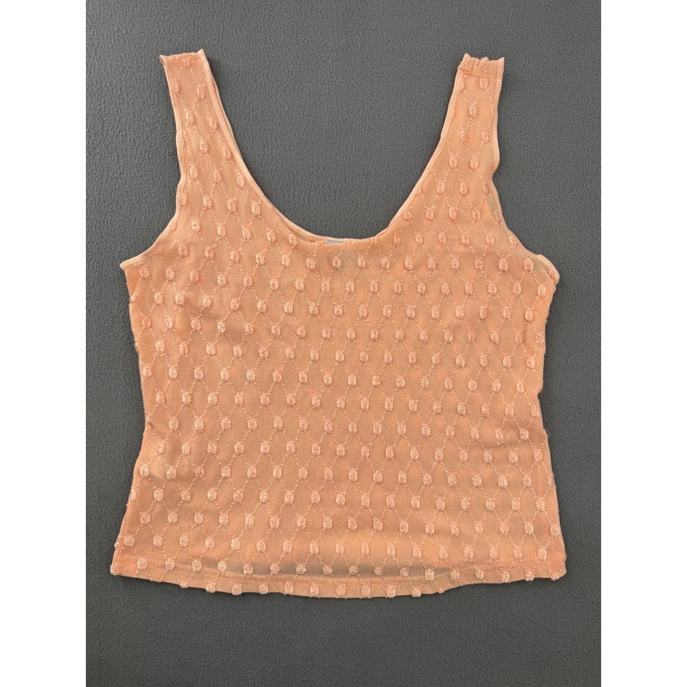 VTG Y2K Worn Out Lingerie Tank Top 1X Peach Mesh Embroidered Sexy Retro Coquette